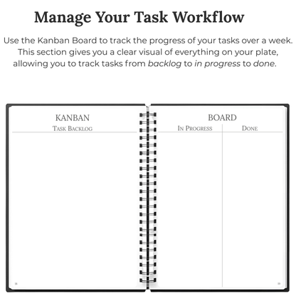 Kanban Board pages in The Quarterly Navigator planner showing to-do, in progress, and done columns.