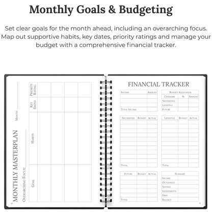 Monthly planning and finance tracker spread from The Quarterly Navigator planner.