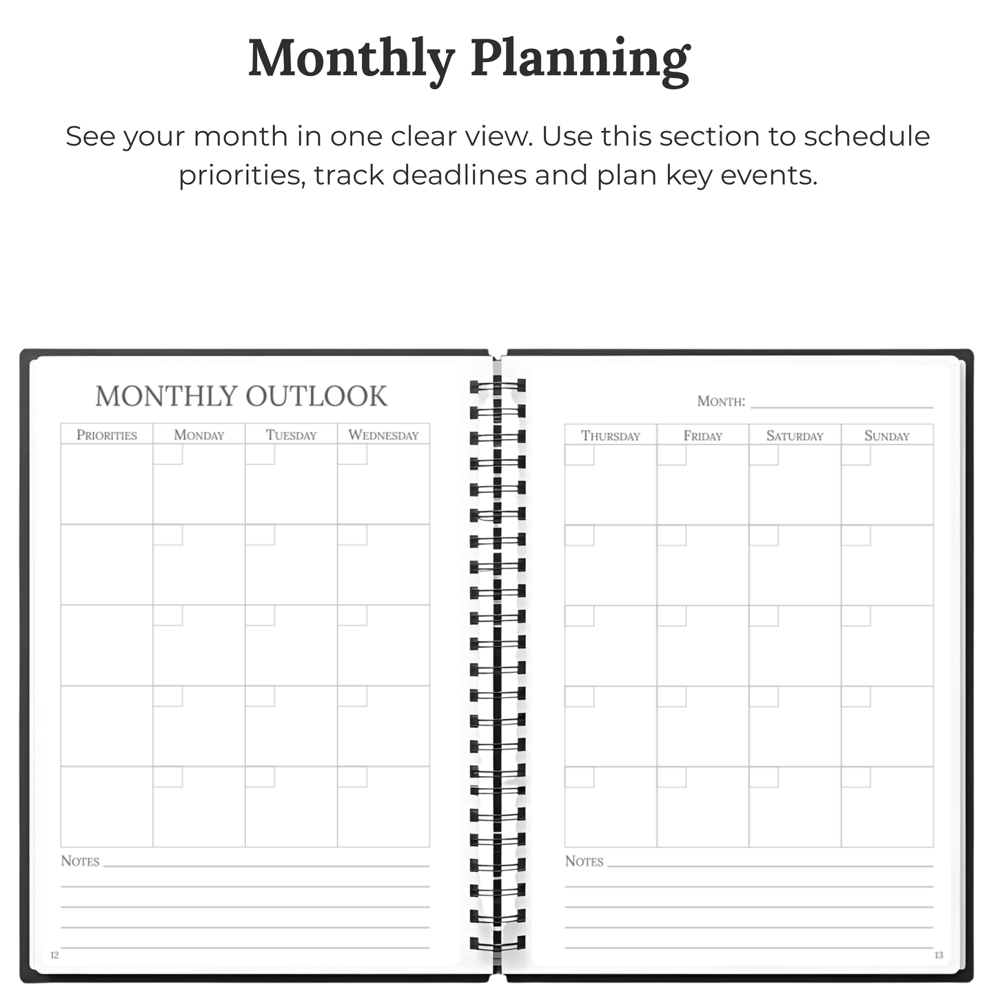 Open page from The Quarterly Navigator planner showing monthly planning layout with 'Monthly Outlook' and 'Notes' sections.