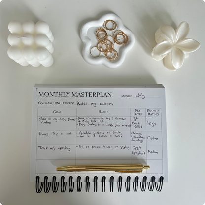 Monthly Masterplan layout in The Quarterly Navigator planner by Agile Bloom, showing goals and habits section.
