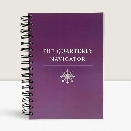 The Quarterly Navigator productivity planner by Agile Bloom- A purple plum cover flatlay