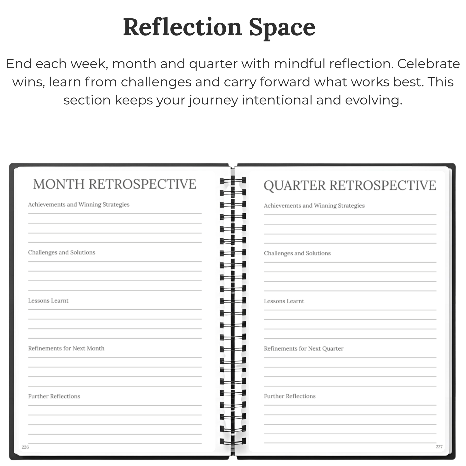 Weekly, monthly and quarterly reflection pages in The Quarterly Navigator planner for reviewing goals and progress.