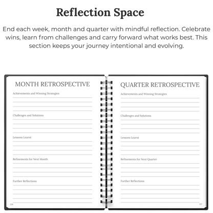 Weekly, monthly and quarterly reflection pages in The Quarterly Navigator planner for reviewing goals and progress.