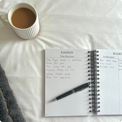 Open page of The Quarterly Navigator planner showing the Kanban board layout in use — part of Agile Bloom's productivity system